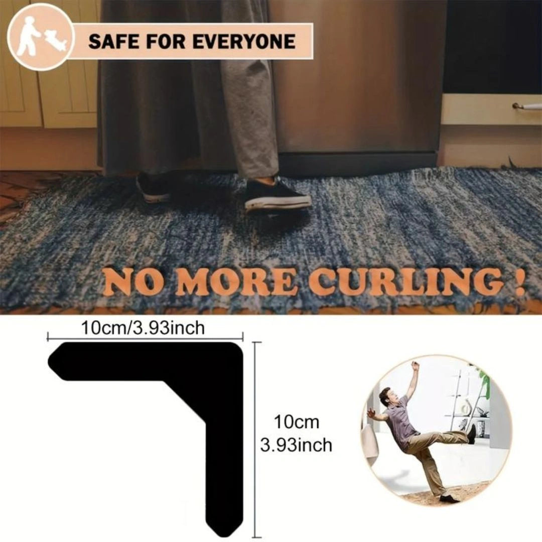 Rug held flat on tile floor with anti-curl tape